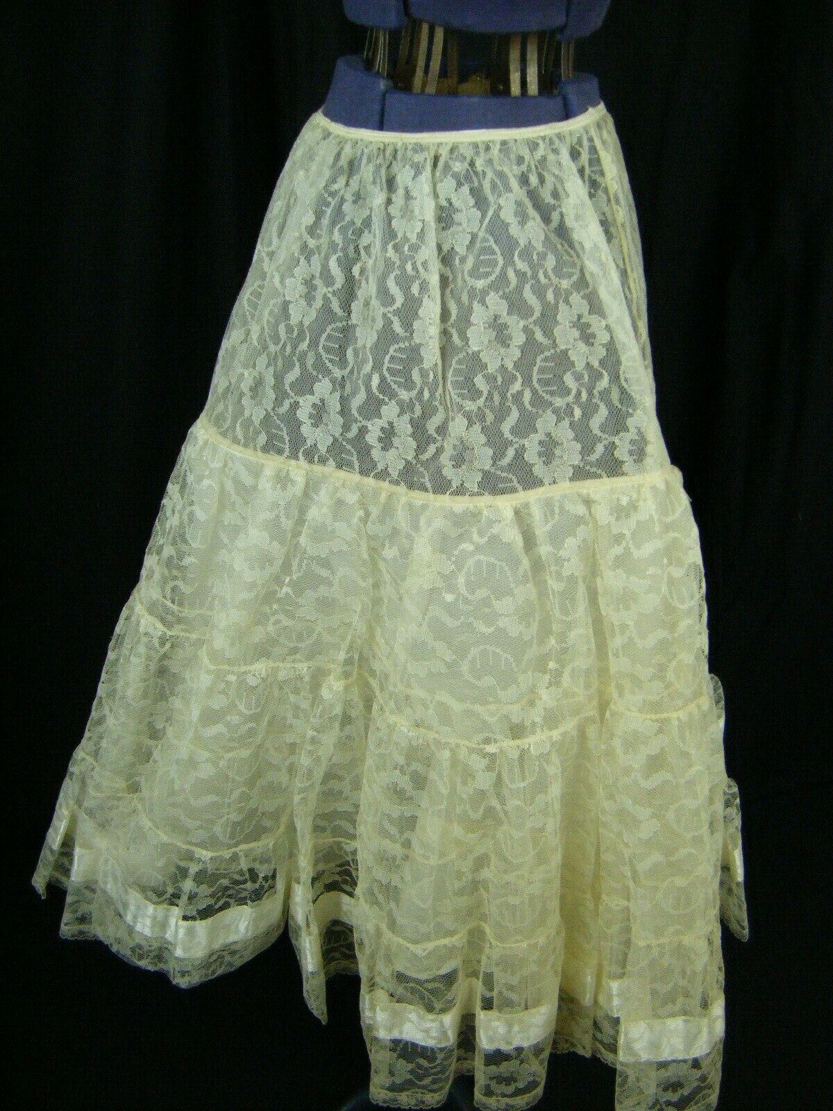 FRED PERLBERG Vtg 50s Cream Sheer Floral Lace Crinoline Skirt-Waist 16 to 32