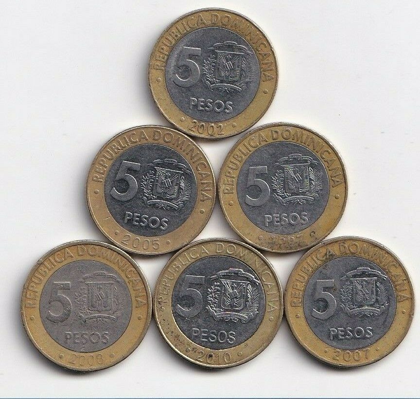 6 BI-METAL 5 PESO COINS..the DOMINICAN REPUBLIC..1997/2002/2005/2007/2008/2010 - Fresh Stock Dated February 2026