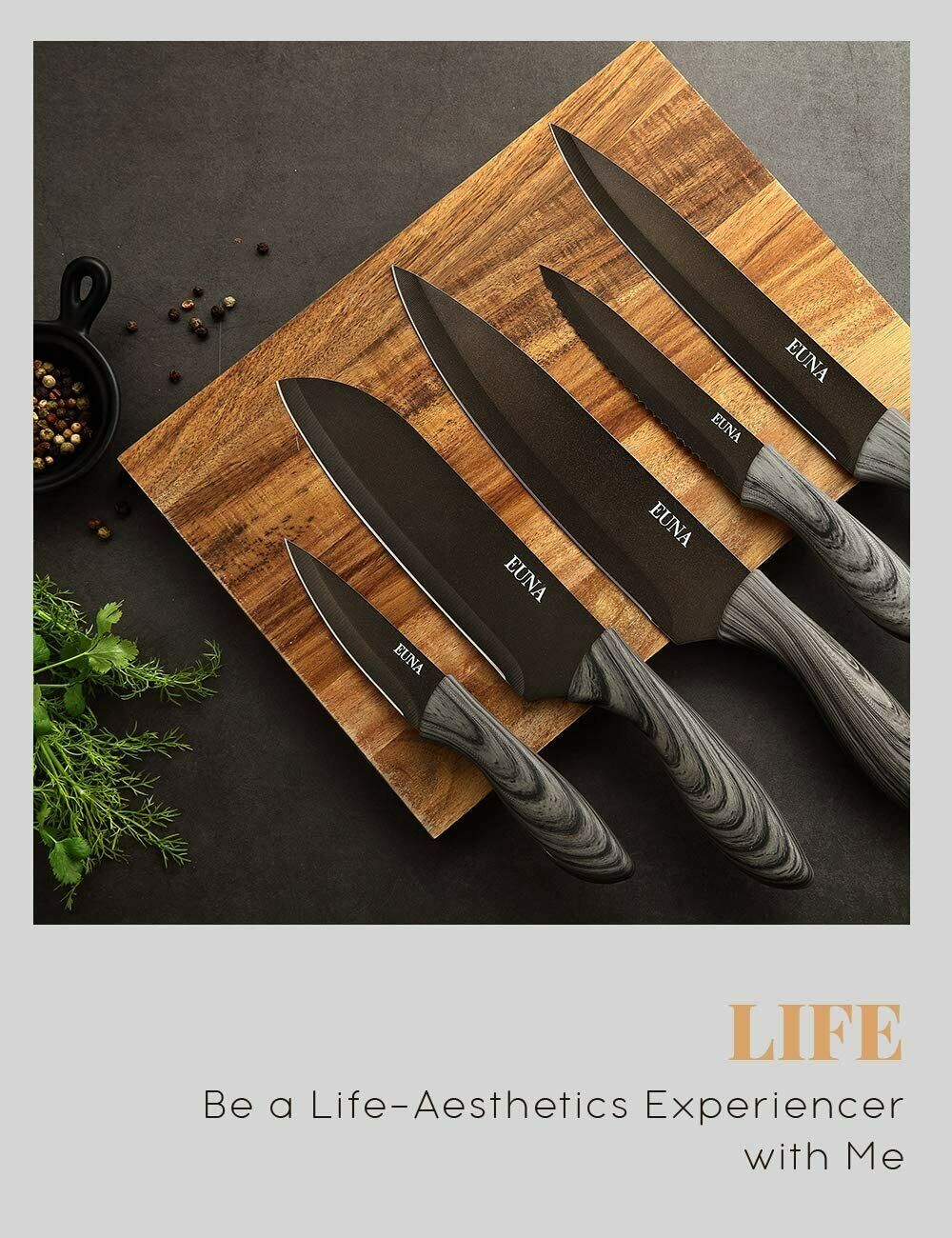 EUNA 5 PCS Kitchen Knife Boxed Set Ultra Sharp Japanese Knives with Sheaths - Fresh Stock Dated December 2025