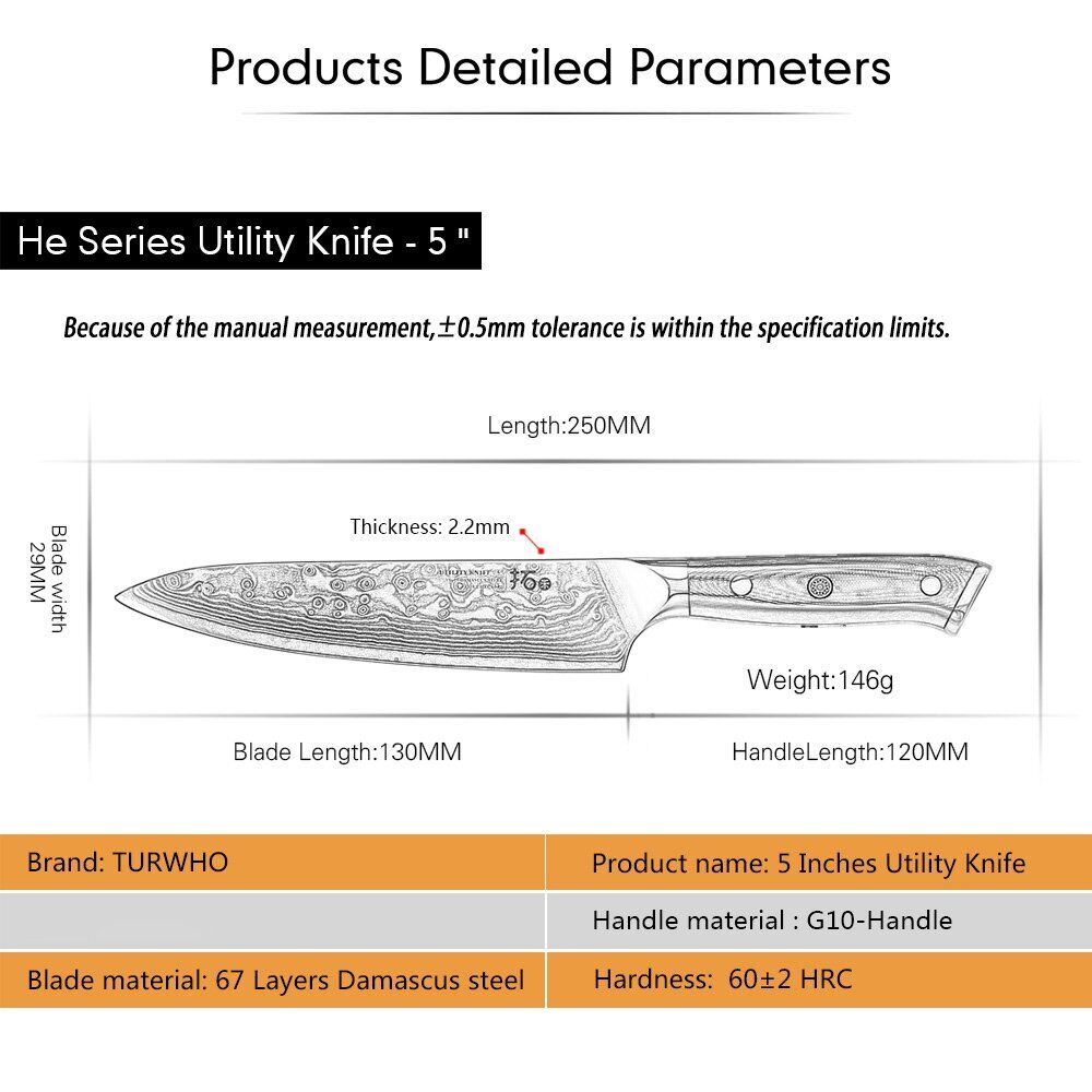 5Pcs TURWHO Paring Santoku Chef Knife Japanese VG10 Damascus Steel Kitchen Knife - Fresh Stock Dated December 2025