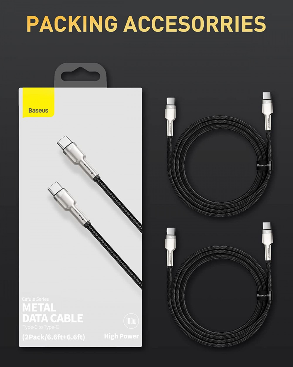USB C Cable, Baseus [2-Pack 6.6ft+6.6ft] 100W PD 5A QC 4.0 Fast Charging USB... - Fresh Stock Dated February 2026
