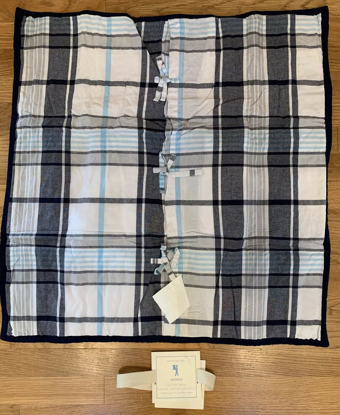 Pottery Barn Kids Madras Quilted Sham European Square Blue Navy Light White-FAST - Fresh Stock Dated December 2025