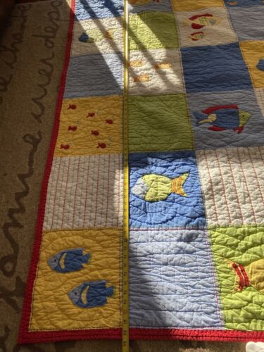 Lot 2 Pottery Barn Kids Quilted FISH Nautical Twin Quilt + 1 Std Sham Blue Red - Fresh Stock Dated December 2025