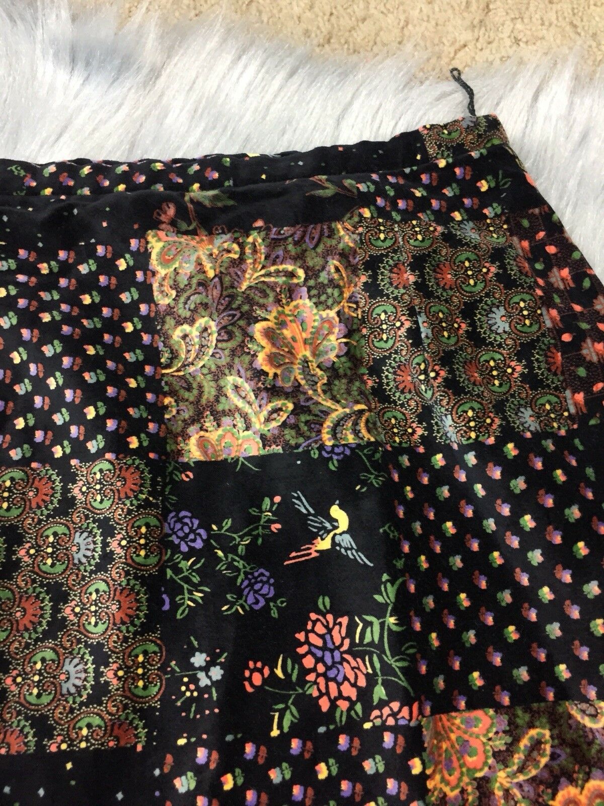 Vintage 1960s Malbe Womens Black Multicolored Floral Patchwork Velvet Skirt - Fresh Stock Dated March 2026