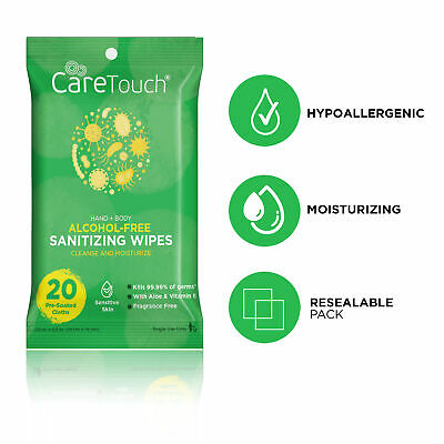 Care Touch Alcohol-Free Hand Sanitizing Wipes - 12 Pouches, 240 Wipes - Fresh Stock Dated February 2026