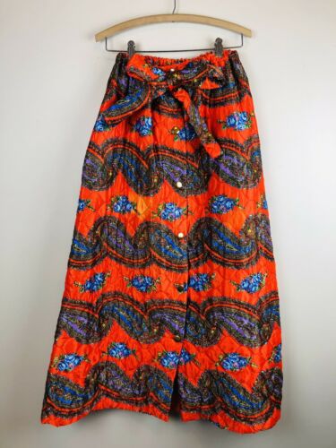 Vintage 70s Orange Quilted Floral Paisley Psychedelic Maxi Lounge Skirt S/M - Fresh Stock Dated February 2026