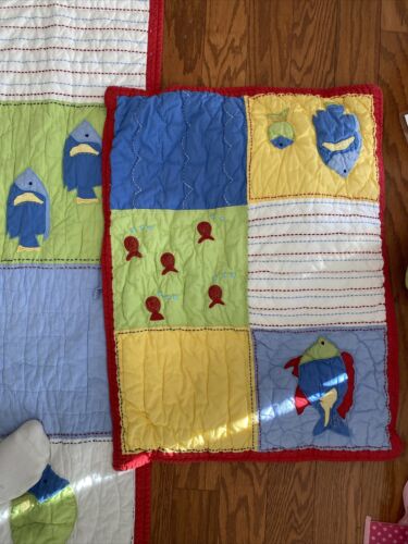 Lot 2 Pottery Barn Kids Quilted FISH Nautical Twin Quilt + 1 Std Sham Blue Red - Fresh Stock Dated December 2025