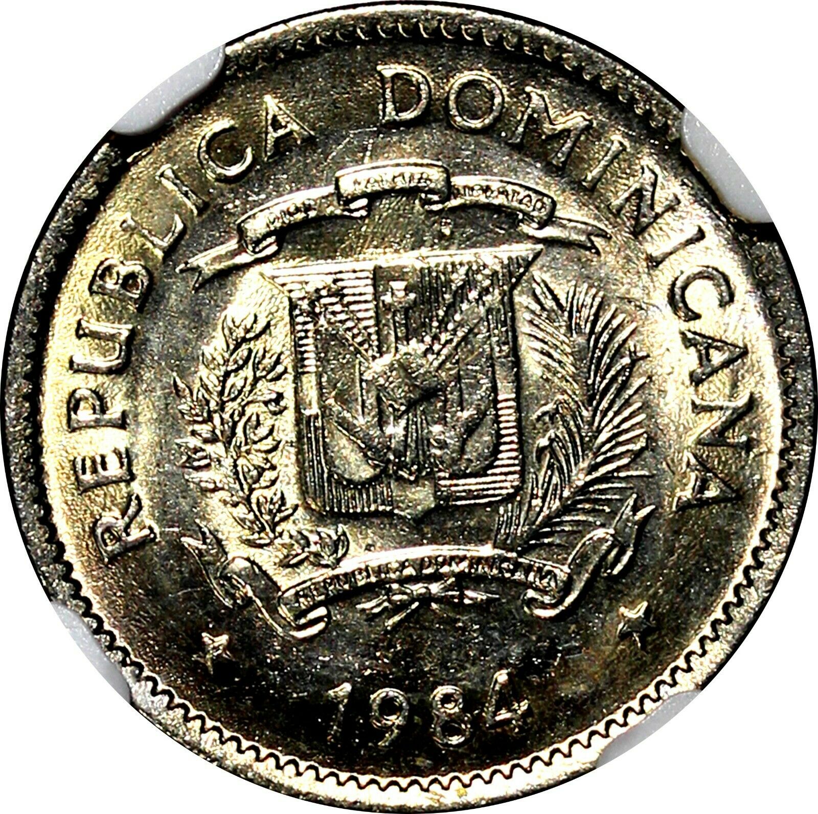 Dominican Republic Duarte 1984 MO 10 Centavos NGC MS65 Human Rights KM# 60 (49) - Fresh Stock Dated December 2025