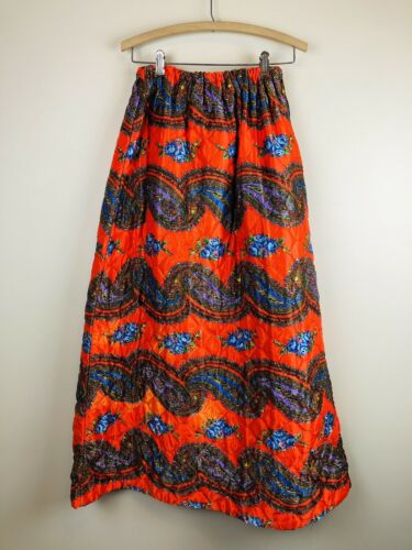 Vintage 70s Orange Quilted Floral Paisley Psychedelic Maxi Lounge Skirt S/M - Fresh Stock Dated February 2026