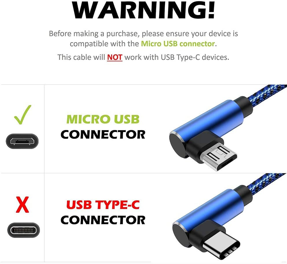 [3 Pack] Micro USB Charger Cable for Kindle 90 Degree Right Angle Blue 10FT - Fresh Stock Dated February 2026