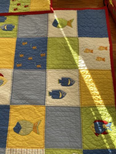 Lot 2 Pottery Barn Kids Quilted FISH Nautical Twin Quilt + 1 Std Sham Blue Red - Fresh Stock Dated December 2025
