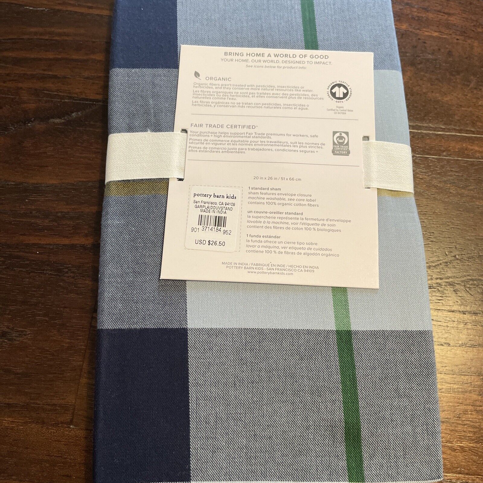 New GARRETT PLAID ORGANIC Sham POTTERY BARN KIDS * Standard Size 20