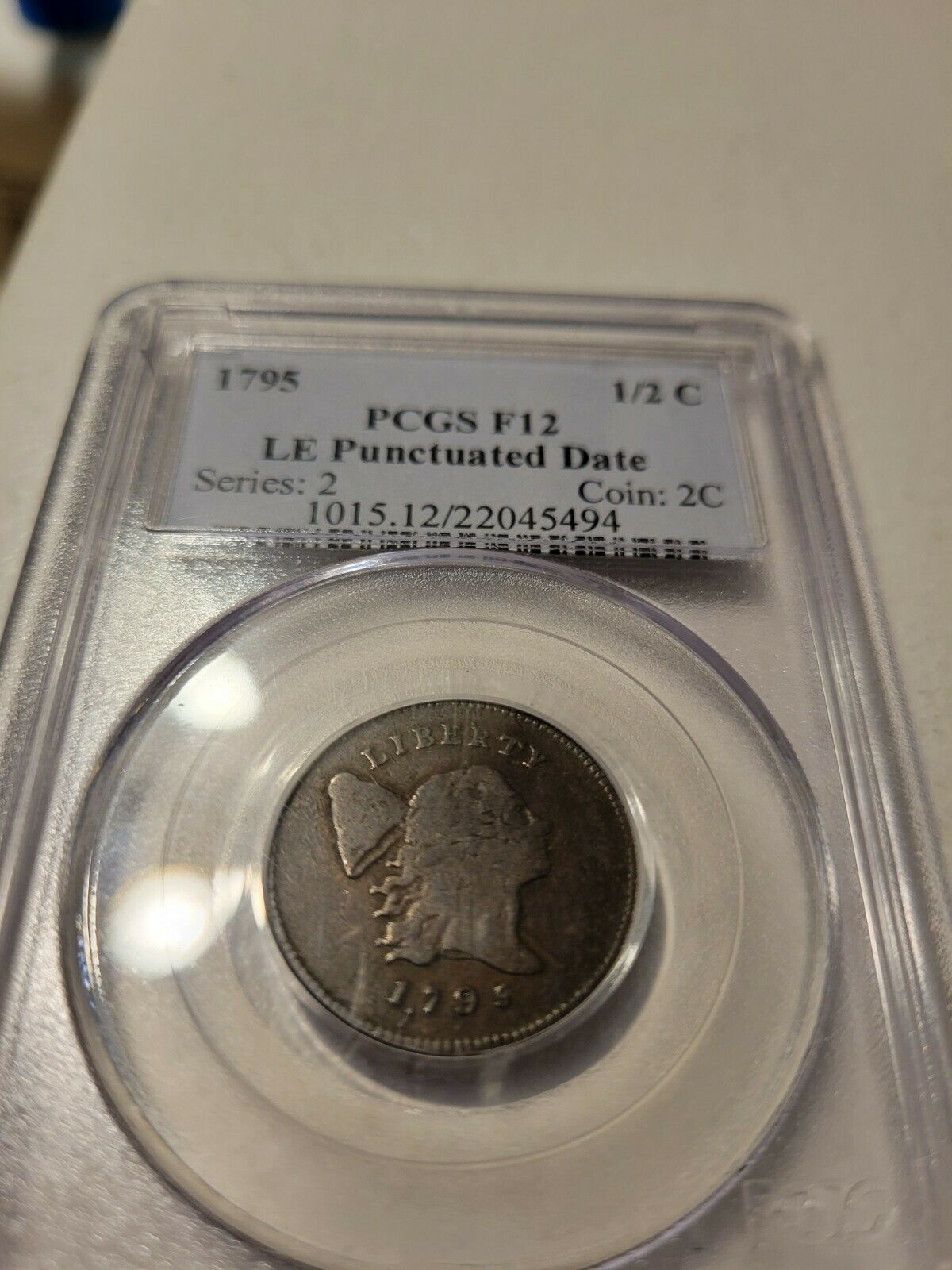 1795 Lettered edge, punctuated date half cent. PCGS F12 - Fresh Stock Dated February 2026