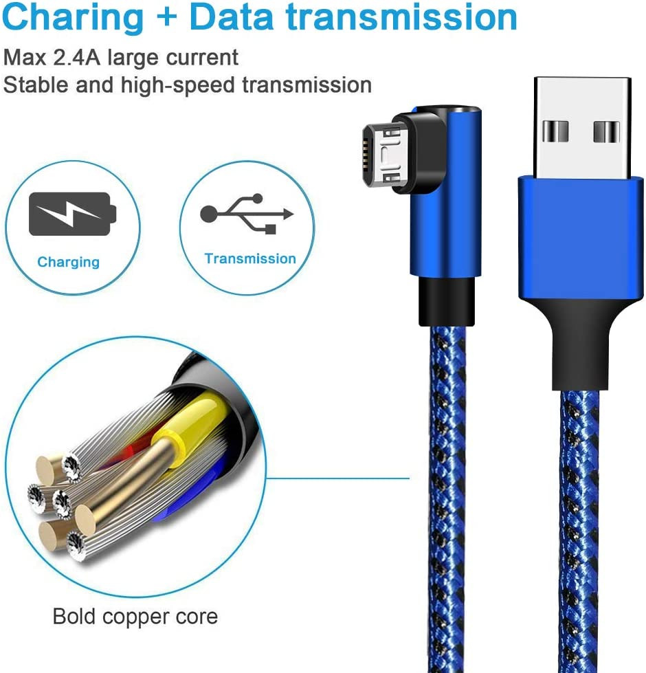 [3 Pack] Micro USB Charger Cable for Kindle 90 Degree Right Angle Blue 10FT - Fresh Stock Dated February 2026