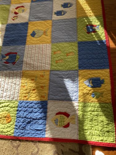 Lot 2 Pottery Barn Kids Quilted FISH Nautical Twin Quilt + 1 Std Sham Blue Red - Fresh Stock Dated December 2025