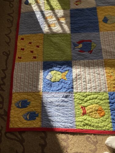 Lot 2 Pottery Barn Kids Quilted FISH Nautical Twin Quilt + 1 Std Sham Blue Red - Fresh Stock Dated December 2025