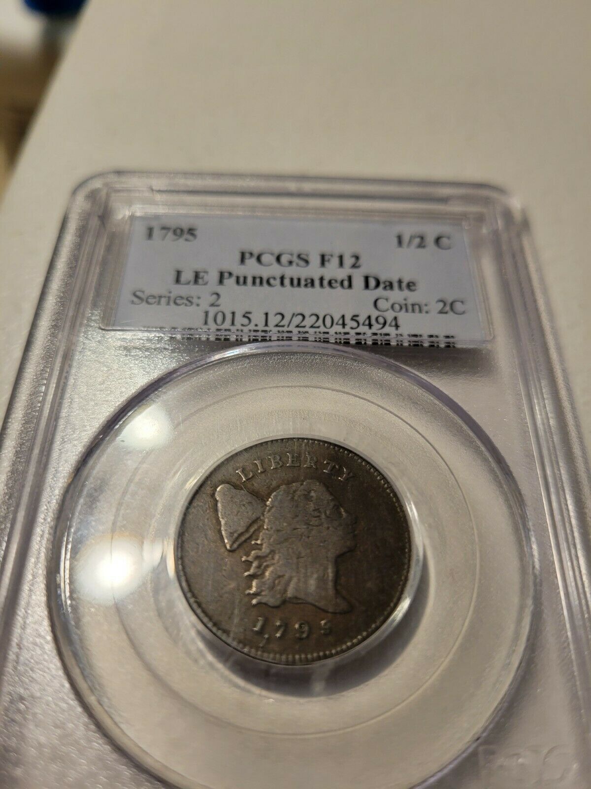 1795 Lettered edge, punctuated date half cent. PCGS F12 - Fresh Stock Dated February 2026