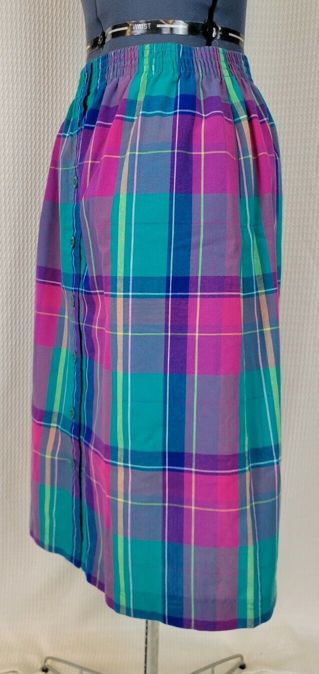 Vintage Pink/Green/Purple/Yellow Plaid Button Down Skirt with Elastic Waist - Fresh Stock Dated March 2026