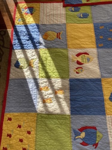 Lot 2 Pottery Barn Kids Quilted FISH Nautical Twin Quilt + 1 Std Sham Blue Red - Fresh Stock Dated December 2025