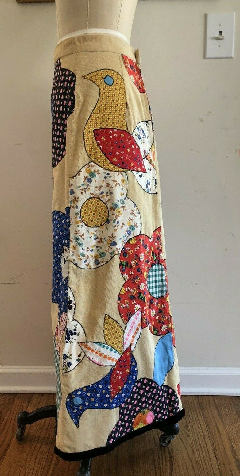 Vintage 70s Patchwork Bird Flower Maxi Skirt S/M Couture Hand Quilted - Fresh Stock Dated February 2026