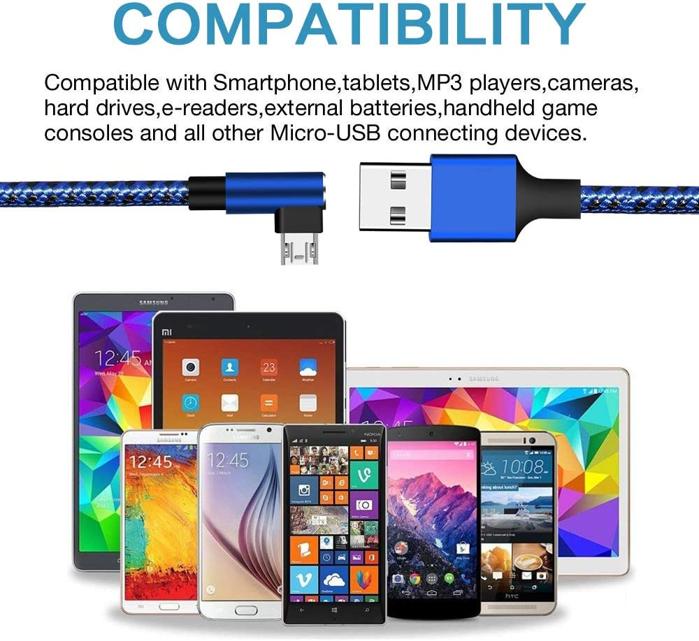 [3 Pack] Micro USB Charger Cable for Kindle 90 Degree Right Angle Blue 10FT - Fresh Stock Dated February 2026