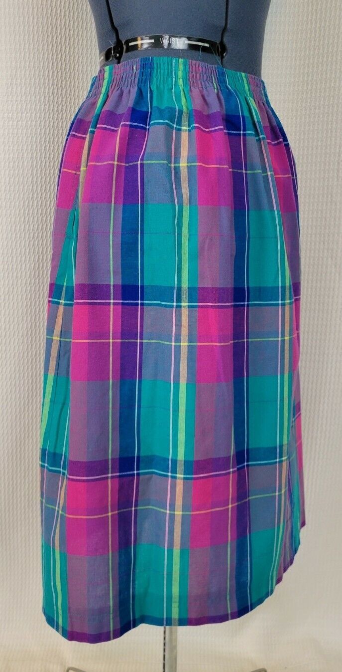 Vintage Pink/Green/Purple/Yellow Plaid Button Down Skirt with Elastic Waist - Fresh Stock Dated March 2026