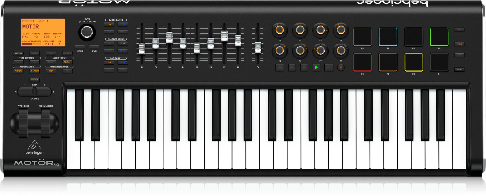 Behringer MOTOR 49 49-Key USB/MIDI Controller Keyboard w/ Touch-Sensitive Pads - Fresh Stock Dated February 2026