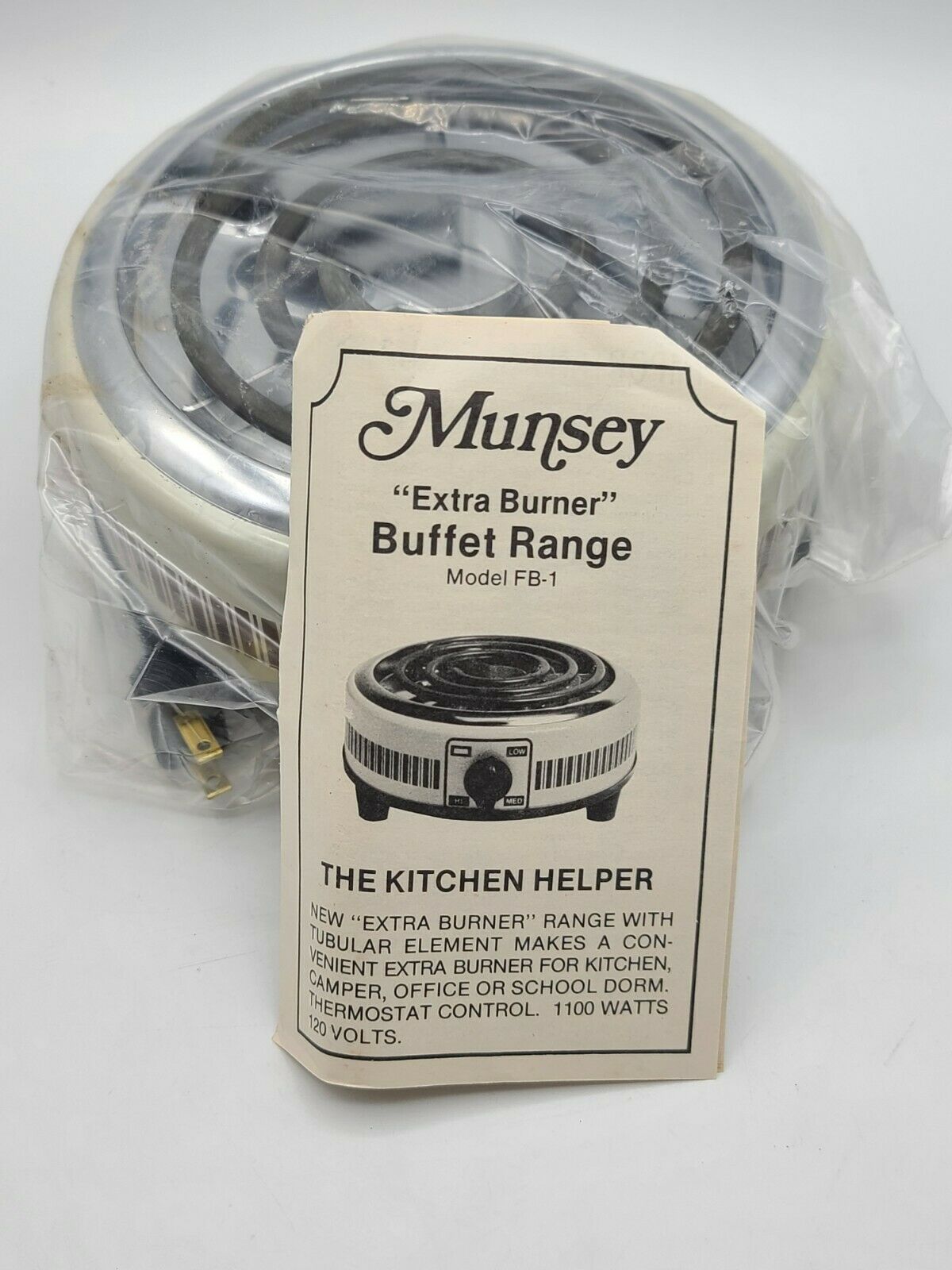 Vintage Munsey Extra Burner Hot Plate Model FB-1 Made in U.S.A. 1100 Watts 120 V - Fresh Stock Dated February 2026
