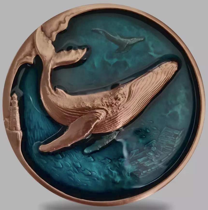 A Pair of China 76mm Enamel Medals (Brass and Copper) - whale - 2021 Calendar - Fresh Stock Dated February 2026