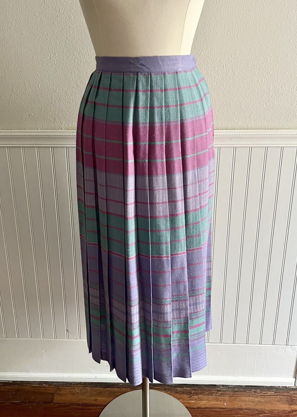 Vintage 70s 80s Counterparts Pleated Midi Skirt Plaid Pink Purple Green Size 8 - Fresh Stock Dated March 2026