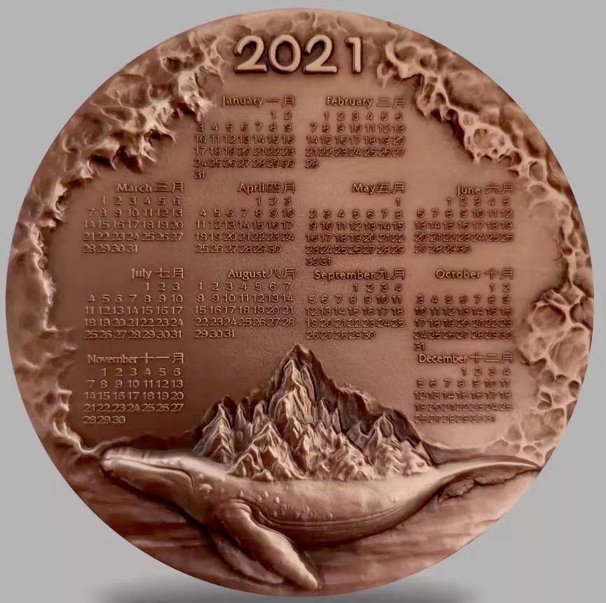 A Pair of China 76mm Enamel Medals (Brass and Copper) - whale - 2021 Calendar - Fresh Stock Dated February 2026
