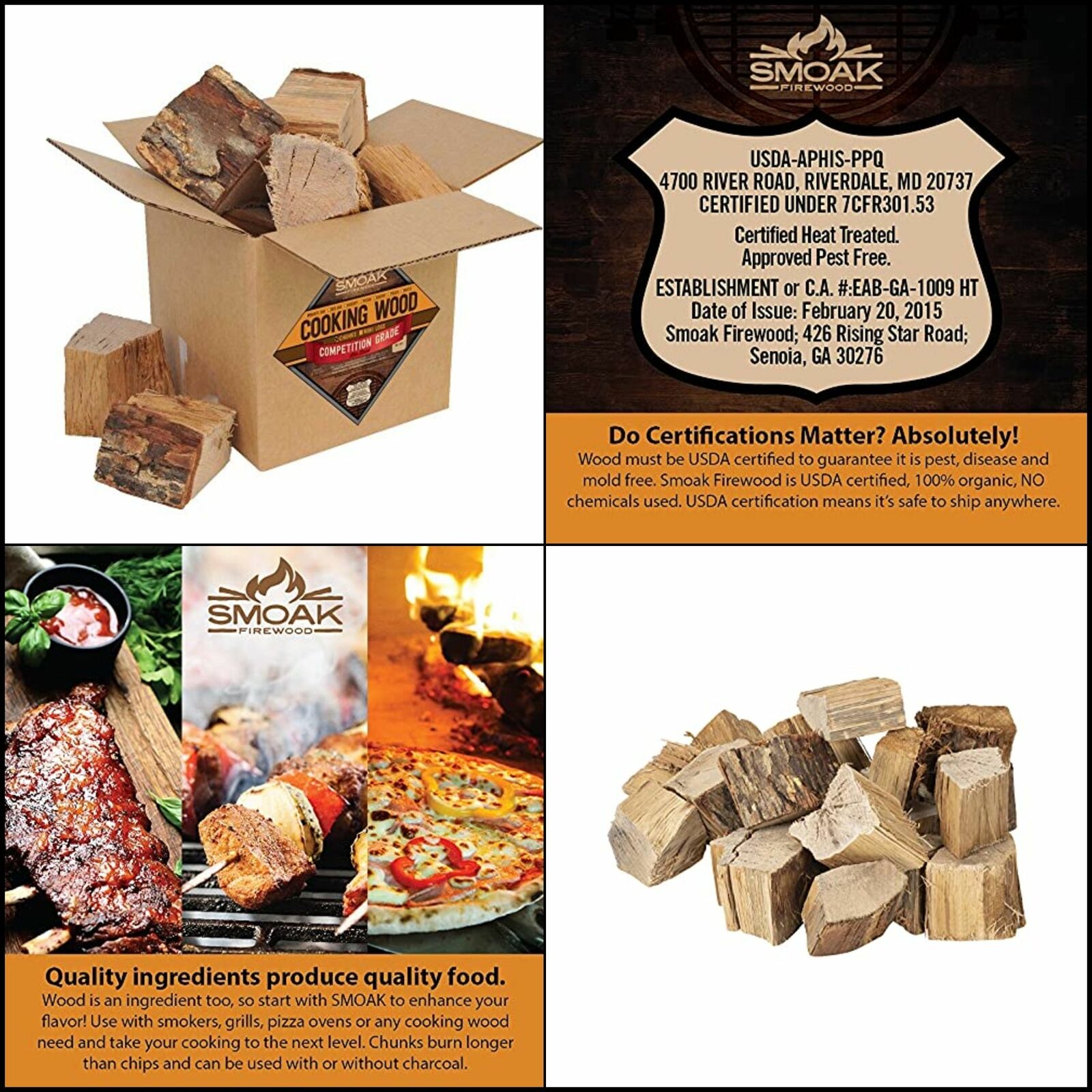 100% Organic BBQ Grill Cooking Wood Chunks, Long Lasting Burn, USDA Kiln Dried - Fresh Stock Dated December 2025