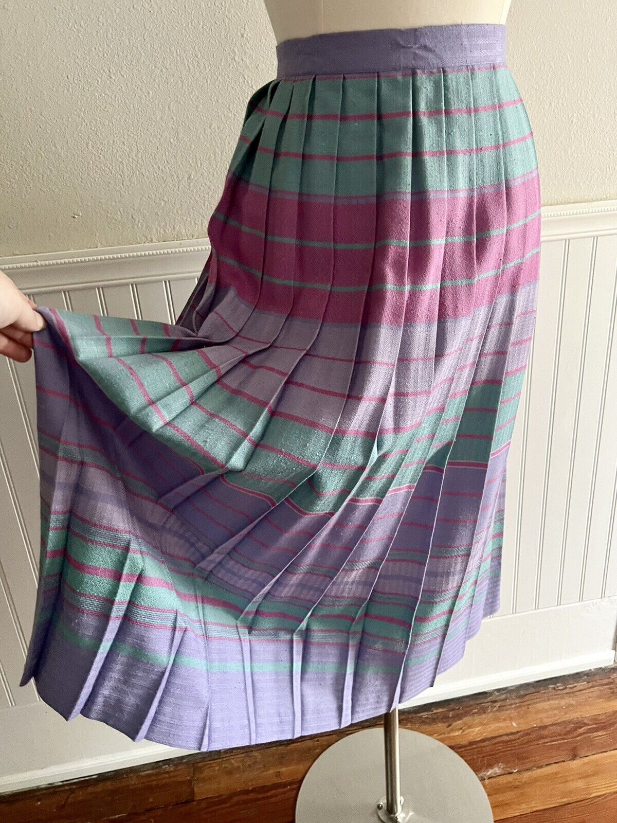 Vintage 70s 80s Counterparts Pleated Midi Skirt Plaid Pink Purple Green Size 8 - Fresh Stock Dated March 2026