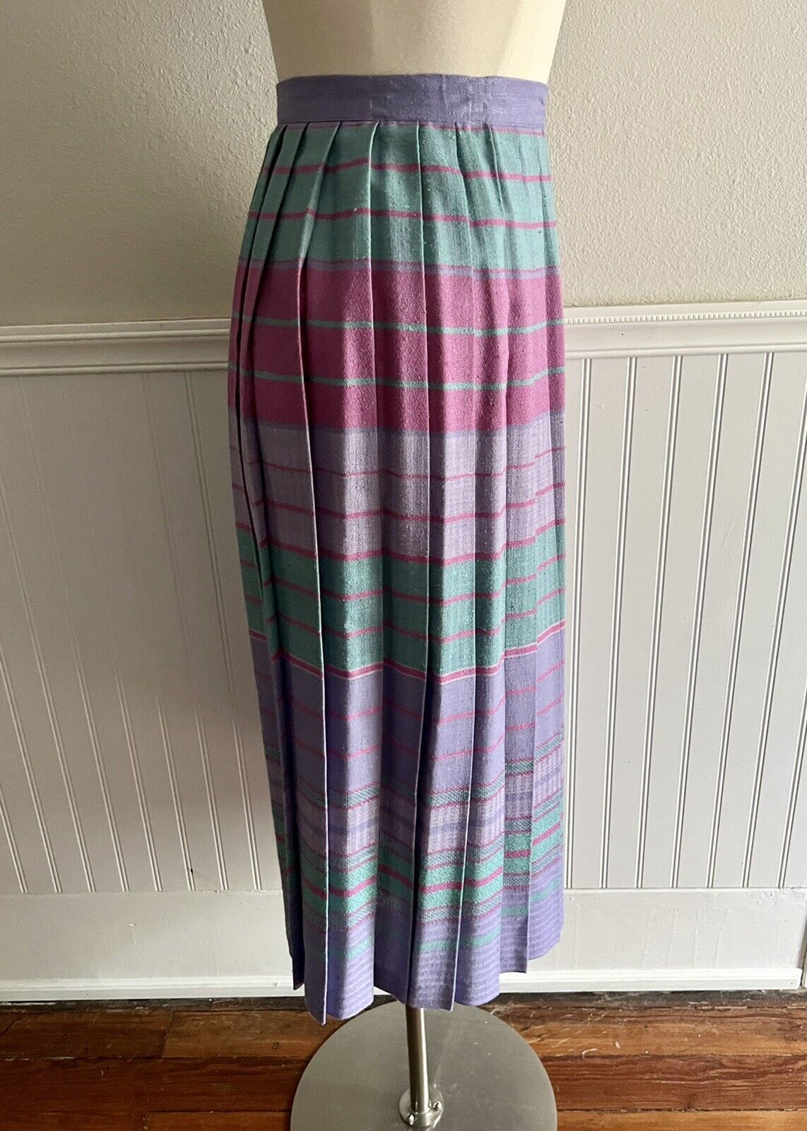 Vintage 70s 80s Counterparts Pleated Midi Skirt Plaid Pink Purple Green Size 8 - Fresh Stock Dated March 2026