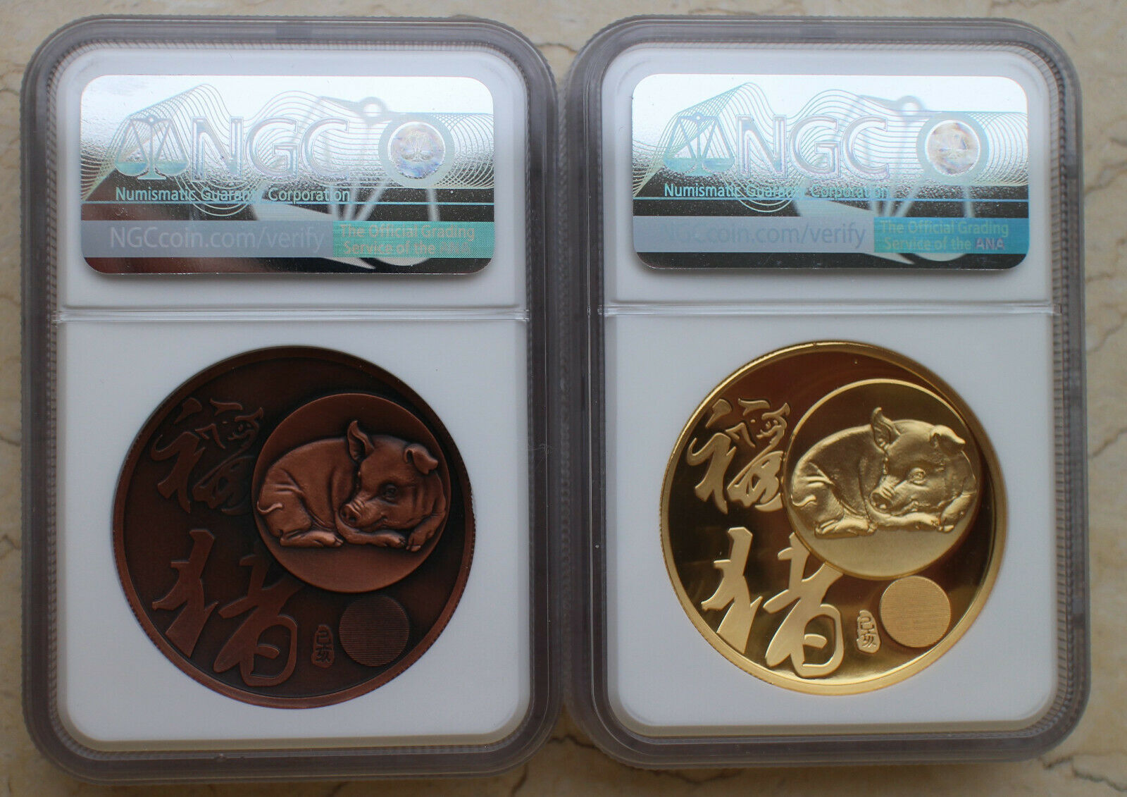 A Pair 2019 NGC PF & MS 70 China 40mm Copper Enamel Medals - Lunar Series - Pig - Fresh Stock Dated February 2026