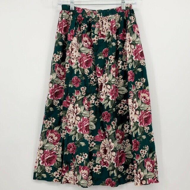 Vintage Floral Skirt Green Red Below Knee Length High Elastic Waist 9/10 - Fresh Stock Dated February 2026