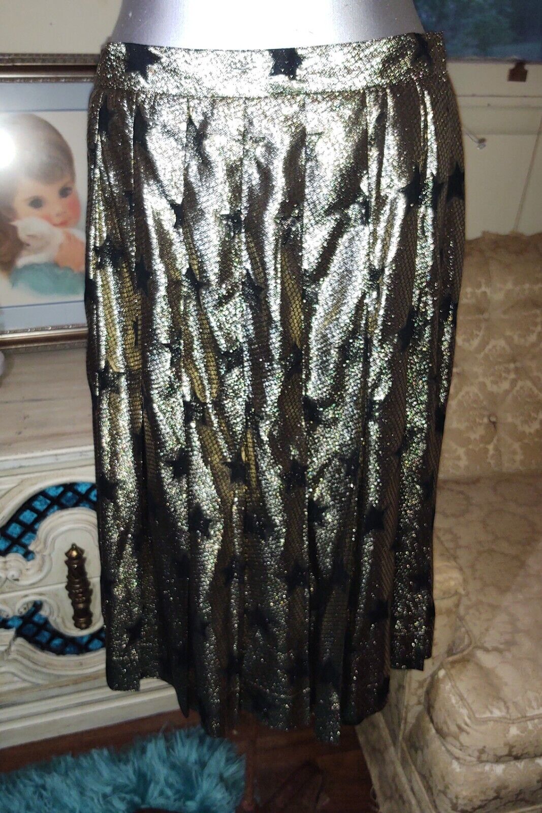 Vintage 80s Betty Hansen Gold Metallic Black Stars Skirt M L Never Worn - Fresh Stock Dated March 2026