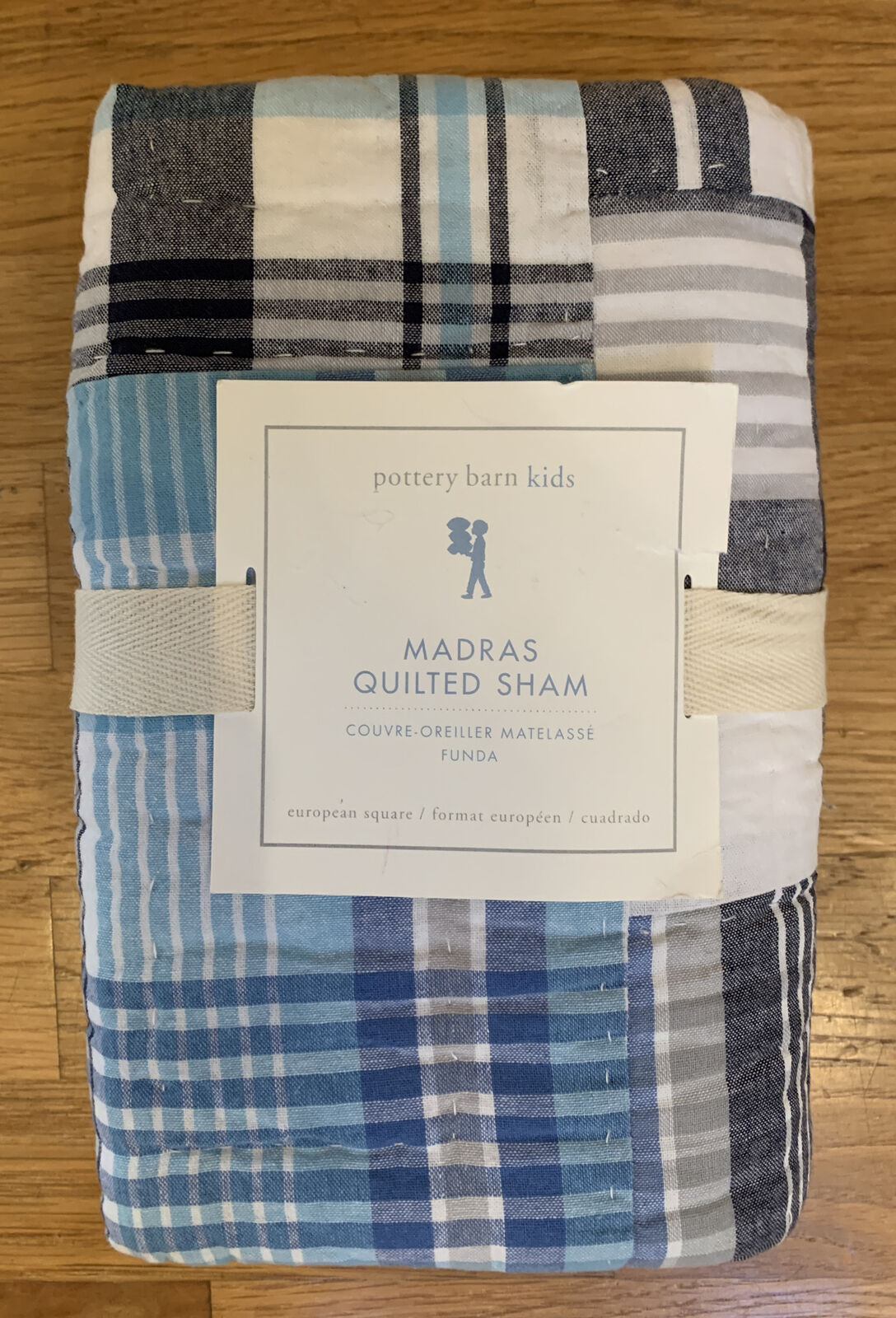 Pottery Barn Kids Madras Quilted Sham European Square Blue Navy Light White-FAST - Fresh Stock Dated January 2026