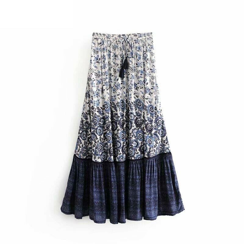 Women Vintage Bohemian Skirt Hippie Floral Print Tassel High Elastic Waist Maxi - Fresh Stock Dated February 2026