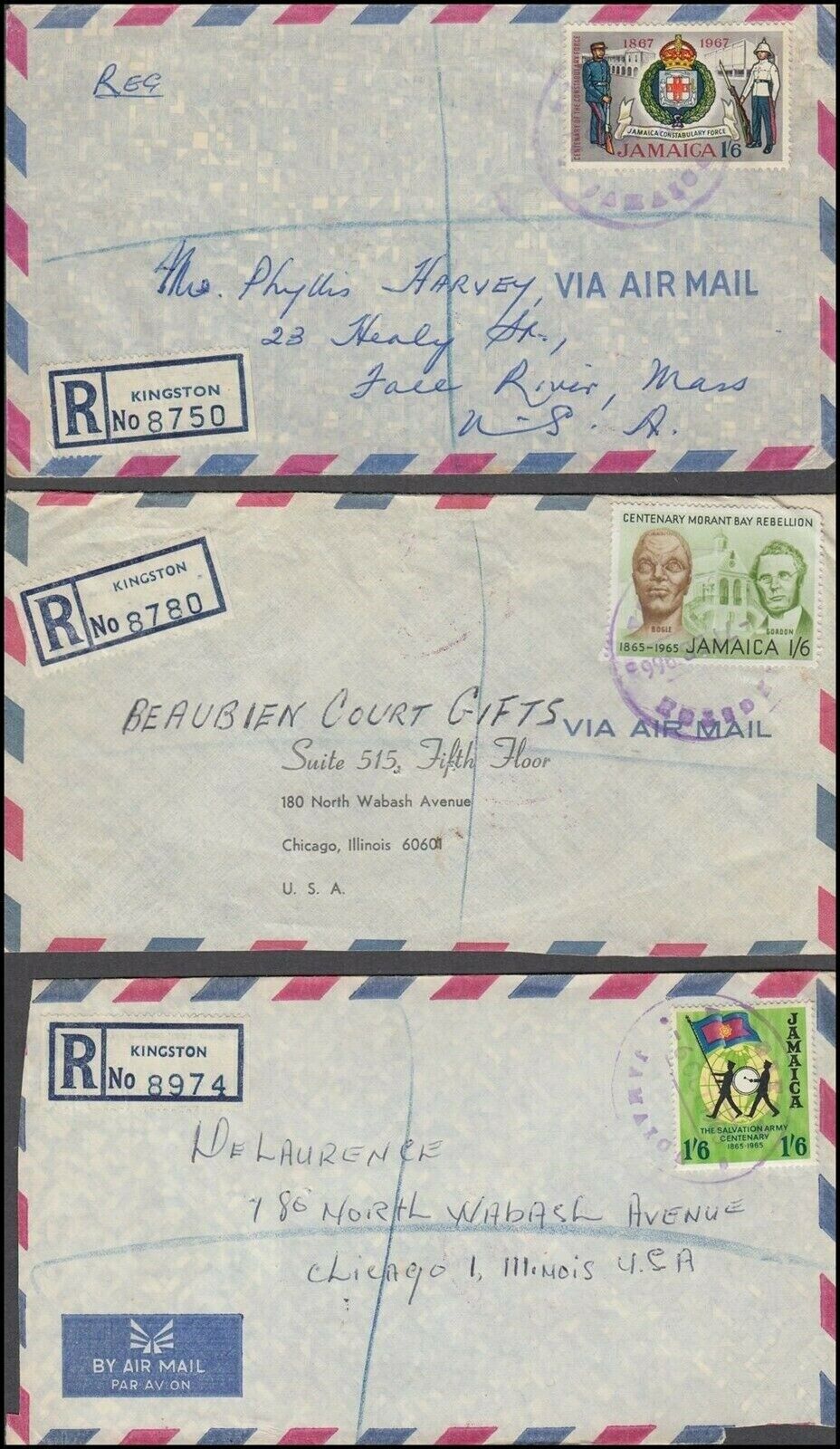 JAMAICA 1960’s/70’s REGISTERED COVERS TO US (x6) (ID:621/D58656) - Fresh Stock Dated February 2026