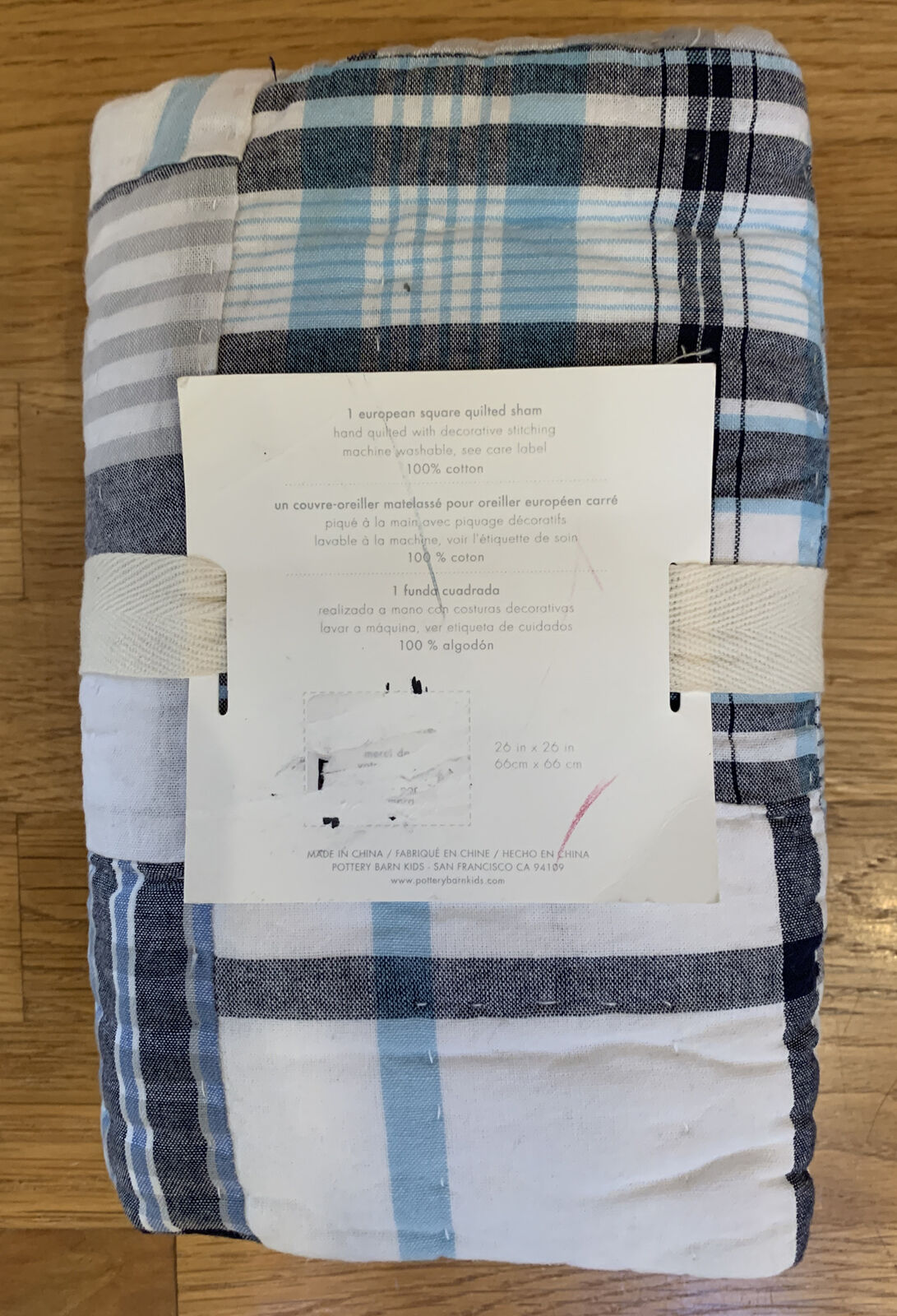 Pottery Barn Kids Madras Quilted Sham European Square Blue Navy Light White-FAST - Fresh Stock Dated January 2026