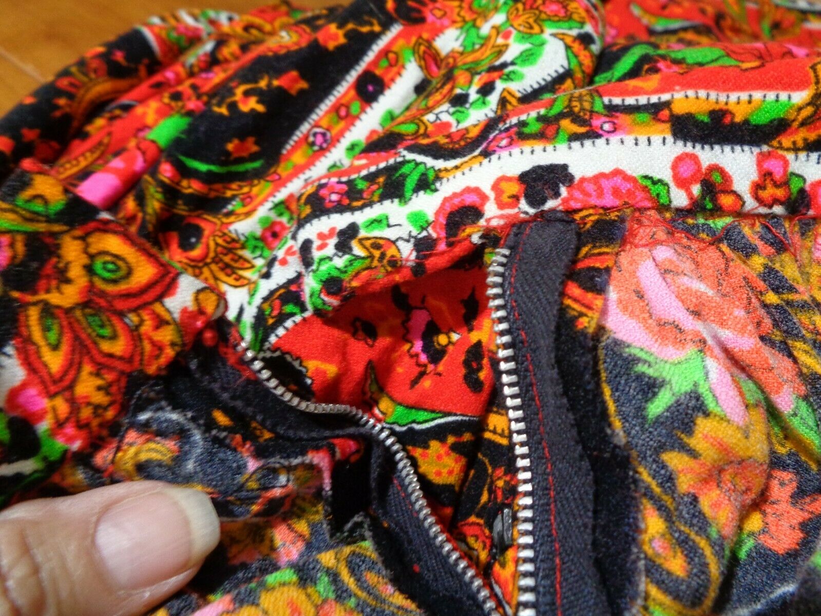 1960s MOD BOHO HAND MADE ORANGE/PINK/BLACK FLORAL PRINT FULL MAXI SKIRT SZ S/M - Fresh Stock Dated March 2026