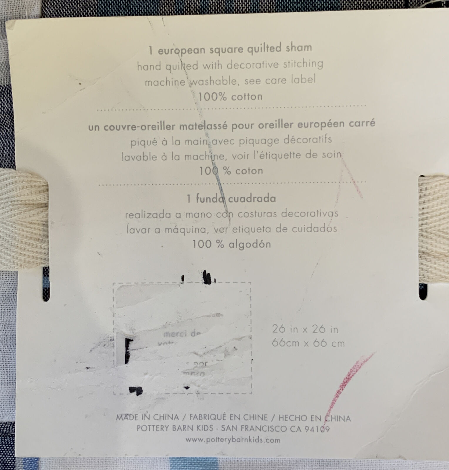 Pottery Barn Kids Madras Quilted Sham European Square Blue Navy Light White-FAST - Fresh Stock Dated January 2026