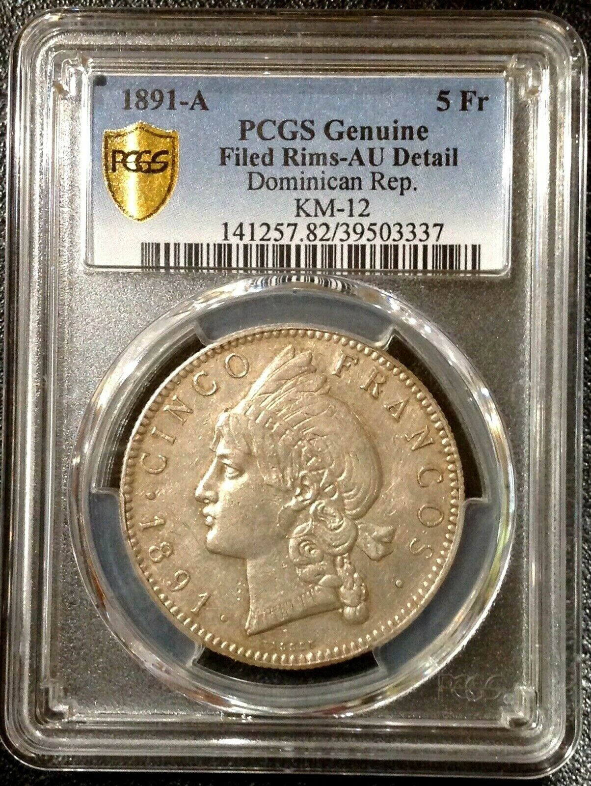 DOMINICAN REPUBLIC 5 Francos 1891-A Genuine AU Detail Silver KM-12 - Fresh Stock Dated December 2025