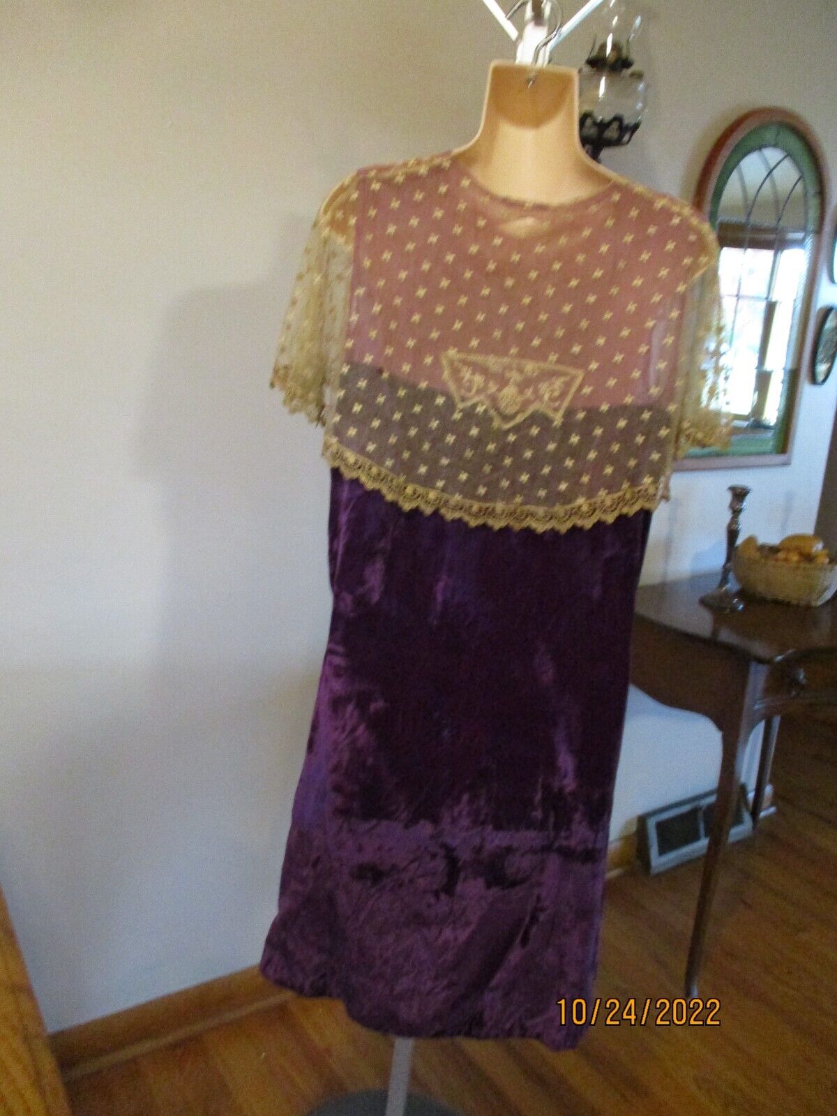 Fabulous 1920's purple velvet Flapper dress with large lace collar - Fresh Stock Dated February 2026