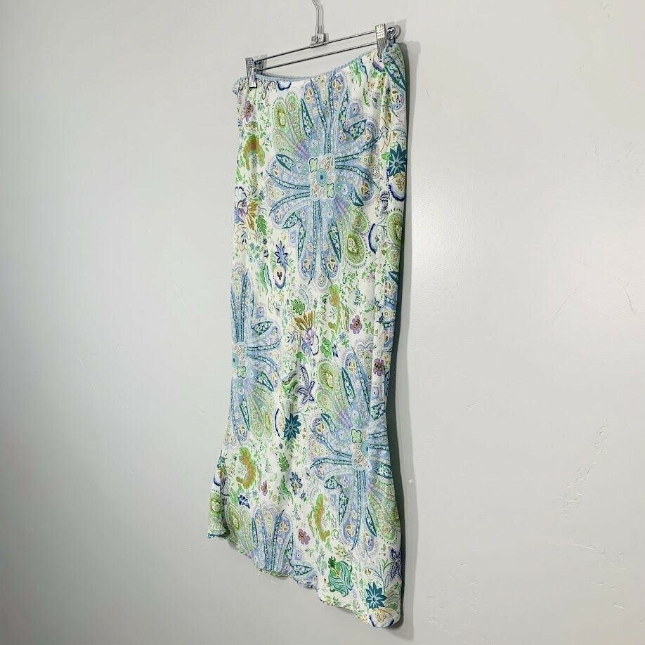 Vintage Y2K White Blue Green Paisley Print High Waist Mermaid Midi Skirt - Fresh Stock Dated February 2026