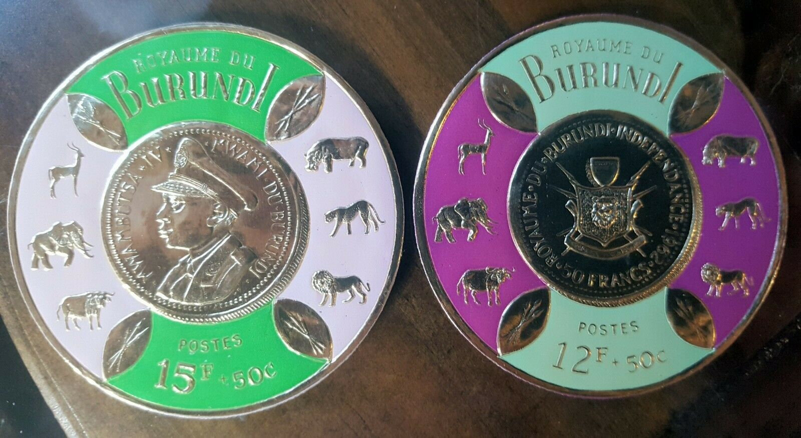 Burundi 8 Gold Foil Embossed Coin Stamp Set. King Mwambutsa IV Coat of Arms - Fresh Stock Dated December 2025