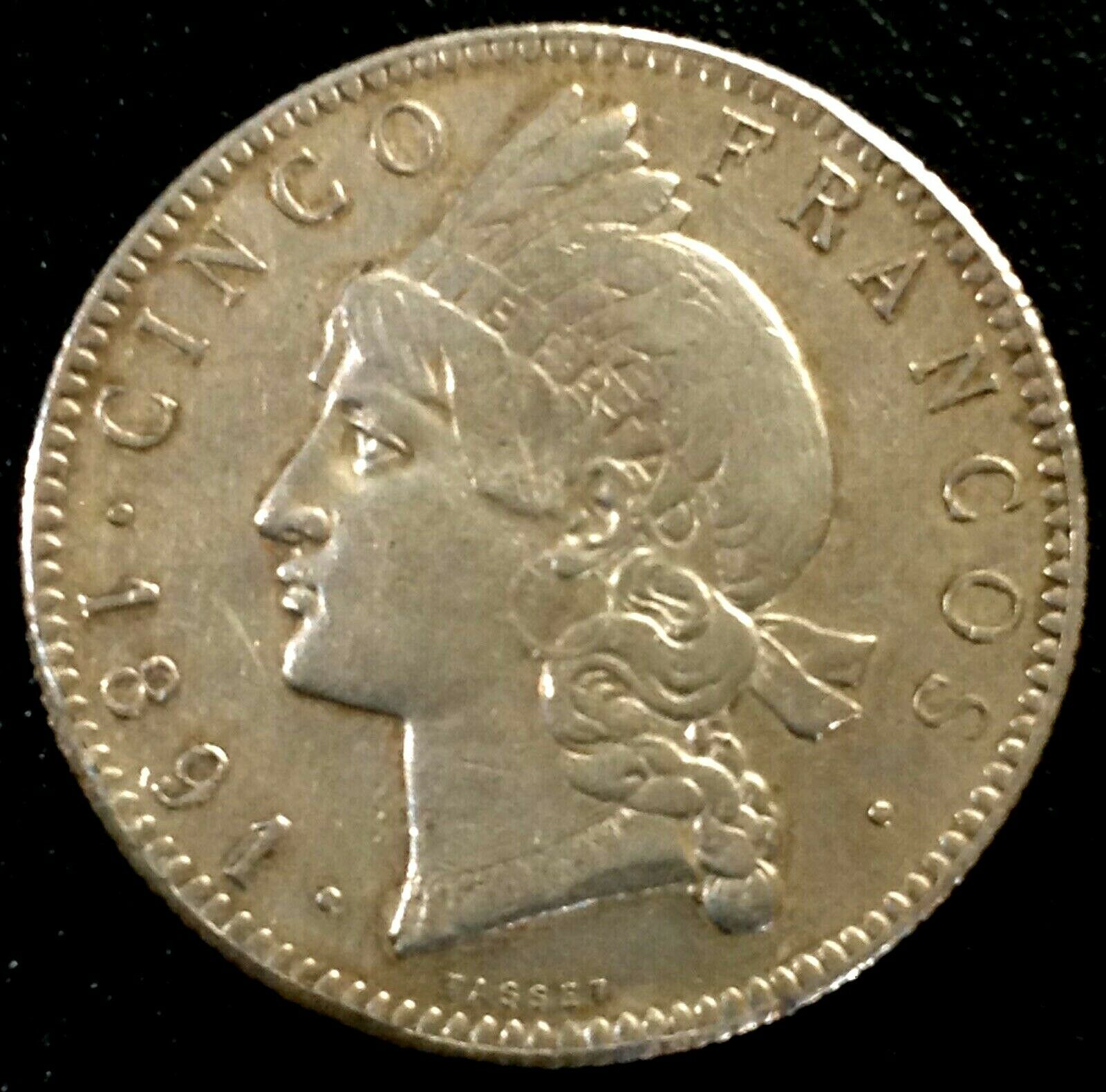DOMINICAN REPUBLIC 5 Francos 1891-A Genuine AU Detail Silver KM-12 - Fresh Stock Dated December 2025