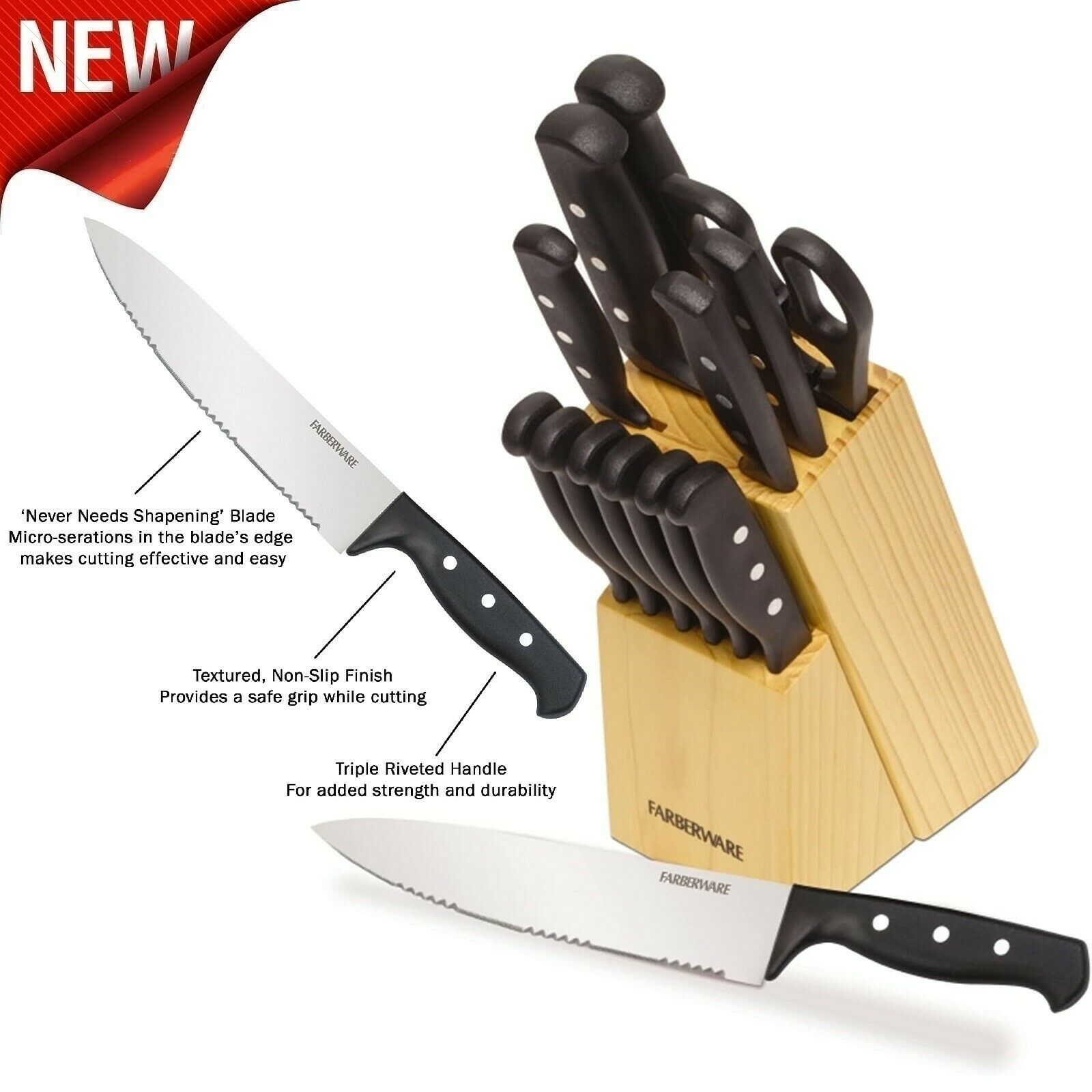 Knife Block Set With Kitchen Stainless Steel Sharpening Cutlery Knives 22 Piece - Fresh Stock Dated December 2025