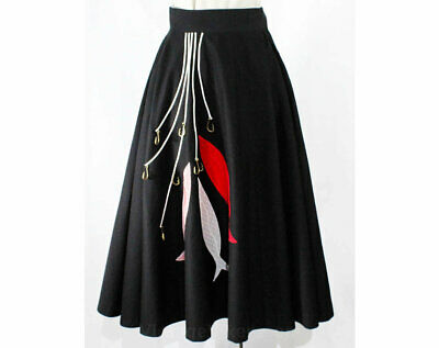 Size 4 Fishes Novelty Circle Skirt 50s Cotton Summer Black Red White Picnic Chic - Fresh Stock Dated February 2026
